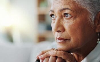 Elderly,Woman,,Closeup,And,Thinking,With,Cane,For,Mental,Health,